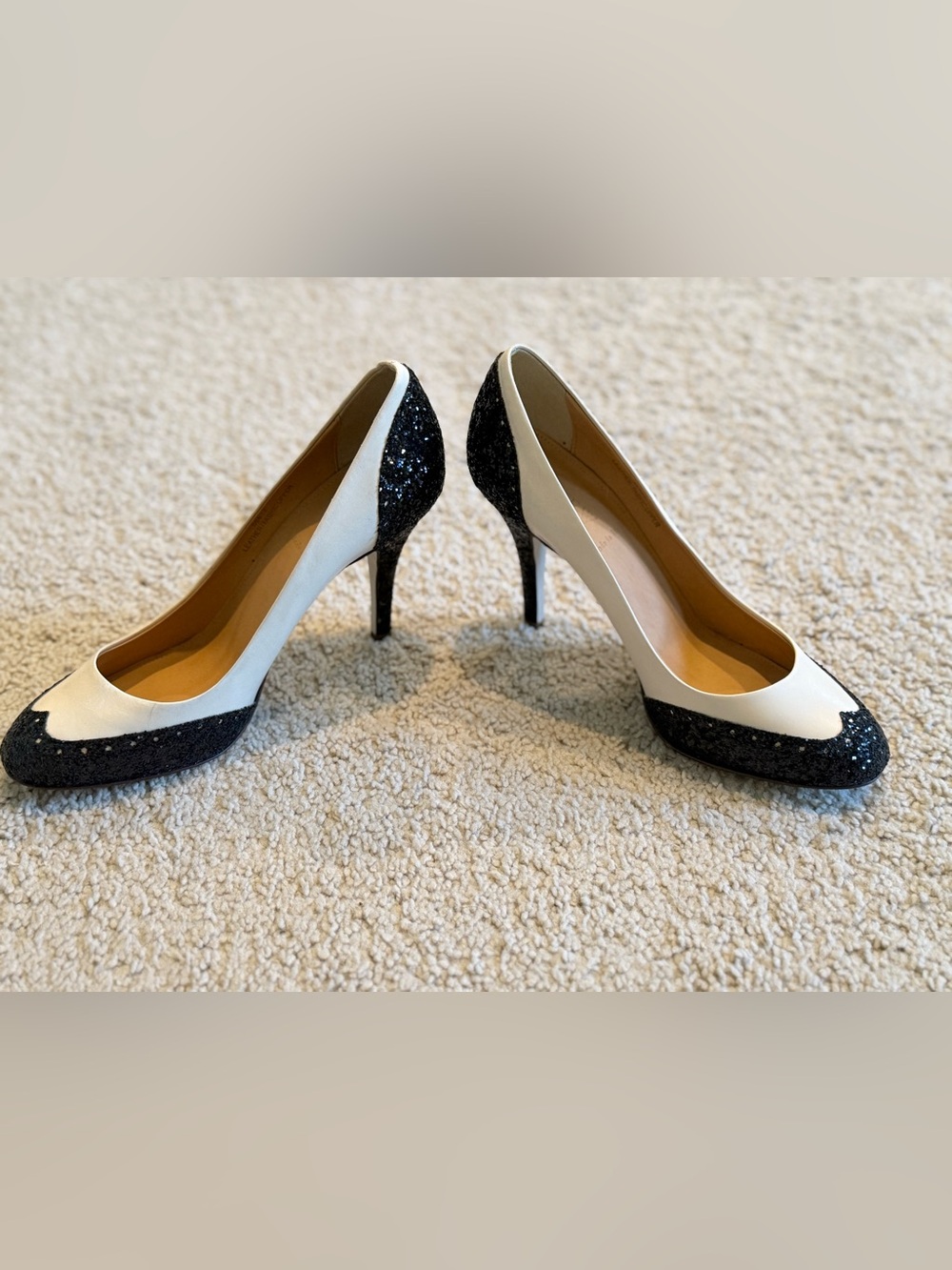 J. Crew Black Glitter and White Leather Tuxedo Cap-Toe Pumps - Picture 2 of 7
